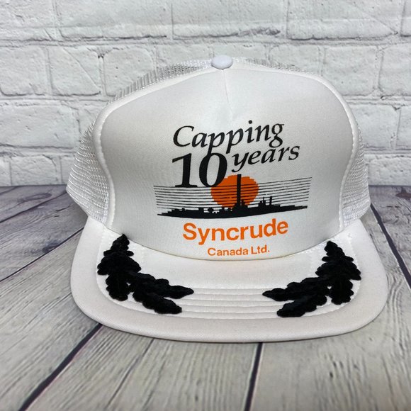 Vintage Trucker Oilfield Hat Mesh Cap Leaf White Capping 10 Year Syncrude Canada - Picture 5 of 10